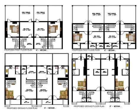 Bhk Row House Plan With Open Terrace Design Autocad File Cadbull