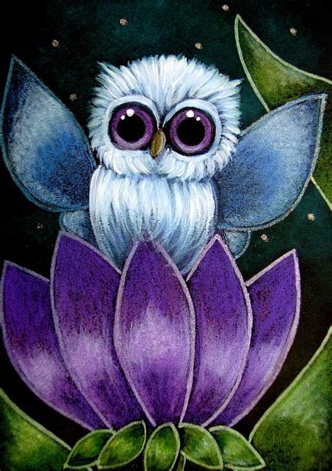 Detail Image For Art Tiny Blue Fairy Owl Purple Flower Owl Painting