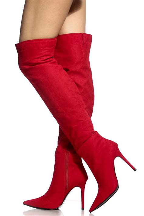 Red Faux Suede Pointed Toe Knee High Boots Cicihot Heel Shoes Online