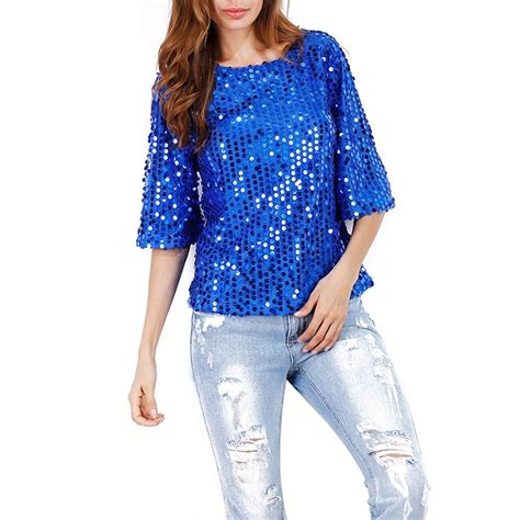 Womens Sequins Glitter Bling Tops Shirts Round Neck Blouse