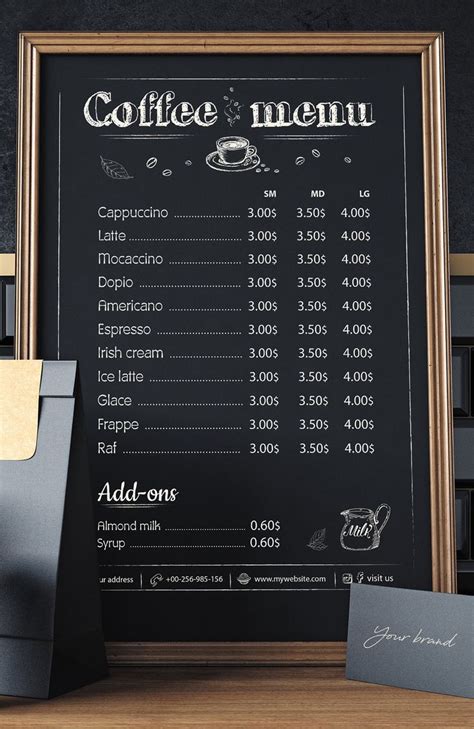 A Coffee Menu On A Blackboard Next To A Cup Of Coffee And A Sign
