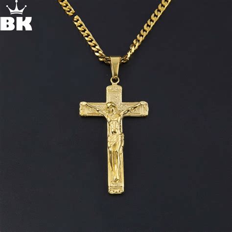 Hip Hop Crucifix Jesus Pendant Necklace Stainless Steel Mens Gold Color