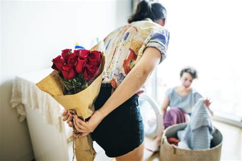 Lesbian Couple Lifestyle Surprising With Bouquet Stock Image Image Of Lgbtq People 108686785