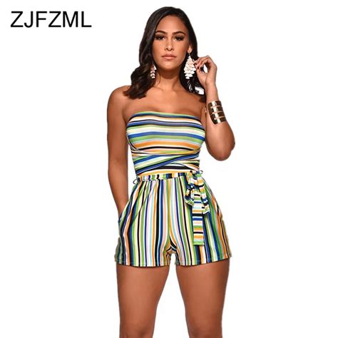 Colorful Stripe Sexy Short Playsuit Women Off The Shoulder Backless One