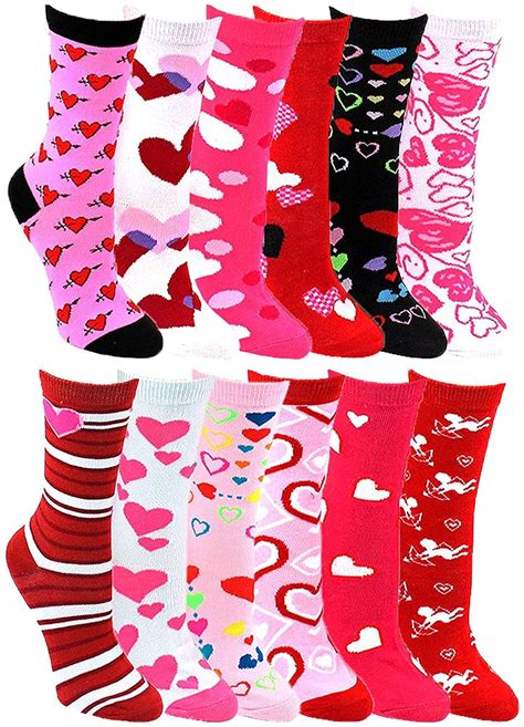 Heart Print Crew Socks For Women 12 Pairs Valentines Day Pink Love Colorful Pattern Novelty