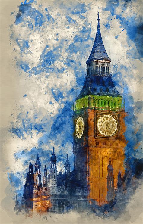 Watercolor Painting Of Big Ben At Twilight Witth Lights Making A