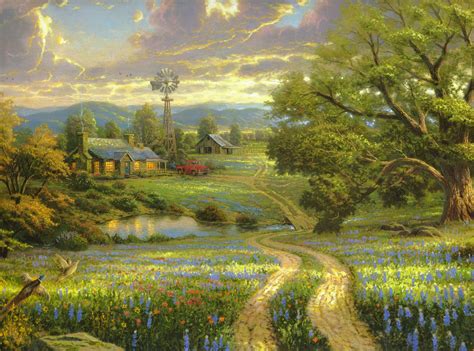 Hd Wallpaper Country Living By Thomas Kinkade Green Leafed Trees And