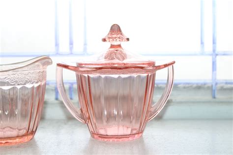 Pink Depression Glass Creamer And Sugar Bowl With Lid Adam 1930s