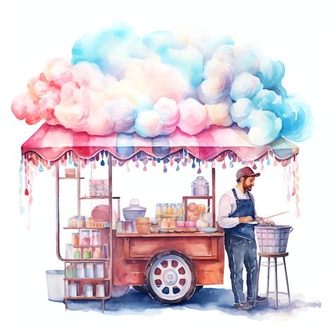 Premium Ai Image Beautiful Cotton Candy Vendor Watercolor Carnival