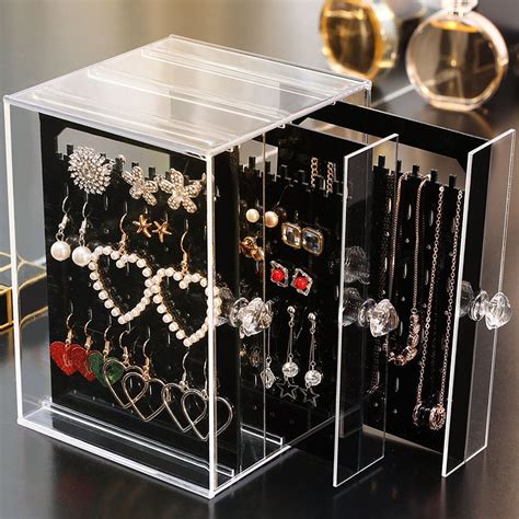 Dustproof Acrylic Earrings Jewelry Storage Box Display Drawers Rack In