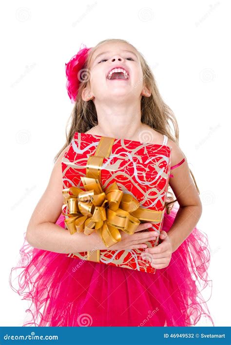 Happy Adorable Little Girl With Christmas T Box Stock Photo Image