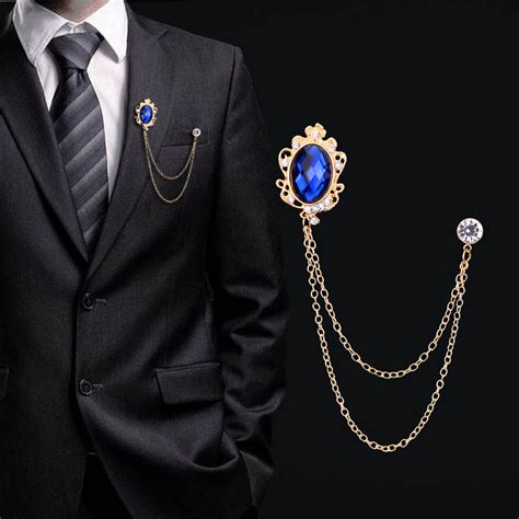 Men Crystal Rhinestone Tassel Chain Suit Collar Lapel Brooch Pin Clip UK EBay