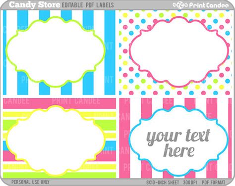 These labels are super bright and super fun! Rectangle Editable PDF 8x10 Candy Store Labels