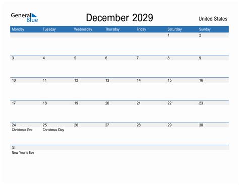 Editable December 2029 Calendar With United States Holidays