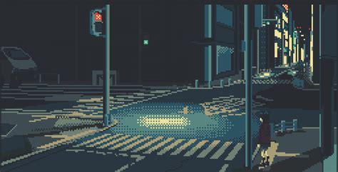 An Old School Computer Game Shows A Woman Crossing The Street At Night