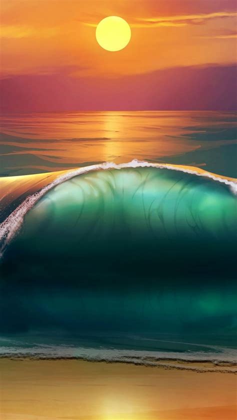 Art Sunset Beach Sea Waves Iphone Wallpapers Free Download