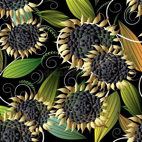 Modern Floral Seamless Pattern Black Vector Background Wallpape Stock