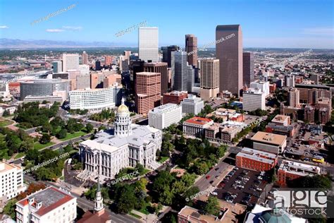 Aerial Of The Colorado State Capitol Building And Denver Skyline Stock