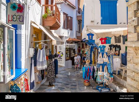 View Of Shops In Narrow Street Skopelos Town Skopelos Island
