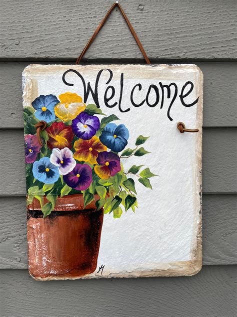 Hand Painted Slate Welcome Sign Spring Door Hanger Pansies Etsy