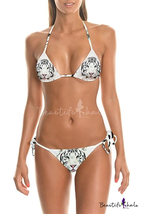 White Tiger Print Halter Triangle String Bikini Set Beautifulhalo Com