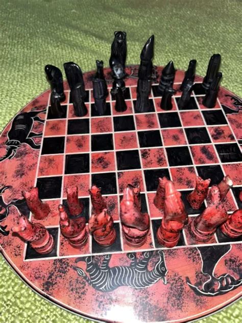 Hand Carved Africankenyan Soapstone Chess Set And Round Board Animal