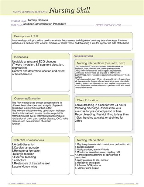 Ati Template Nursing Skill Cardiac Catheterization Active Learning