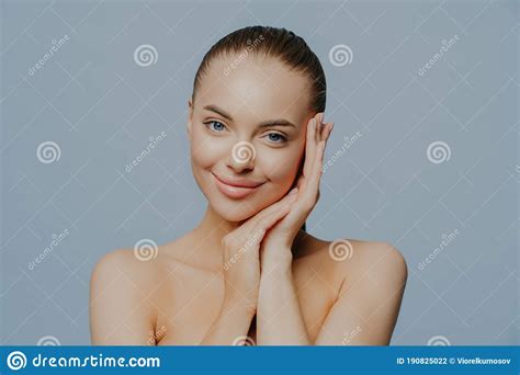 Beauty Woman Face Portrait Beautiful Spa Model Girl With Perfect Fresh Clean Skin On Blue