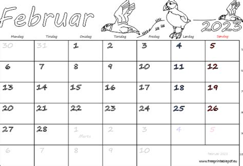 Kalender Februar 2023 Printervenlig Gratis Printable Pdf
