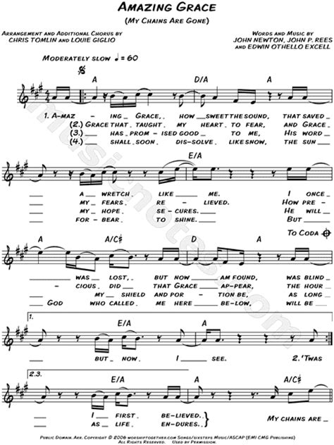 Tenor (3), baritone, bass, piano. Chris Tomlin "Amazing Grace (My Chains Are Gone)" Sheet Music (Leadsheet) in A Major ...