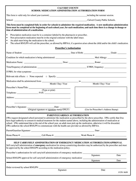 Maryland State School Medication Administration Authorization Form