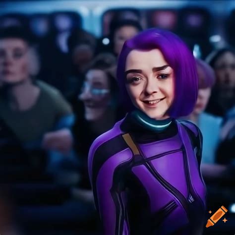 Maisie Williams As A Smiling Sci Fi Girl In Purple Hair And Jumpsuit