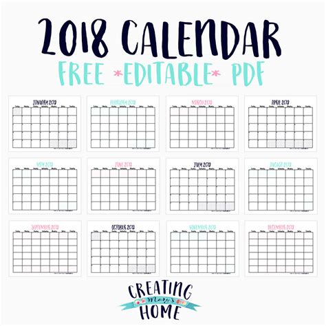 Free 2018 Calendar Editable Pdf