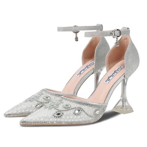 Sparkly Silver Glitter Wedding Shoes 2020 Ankle Strap Rhinestone