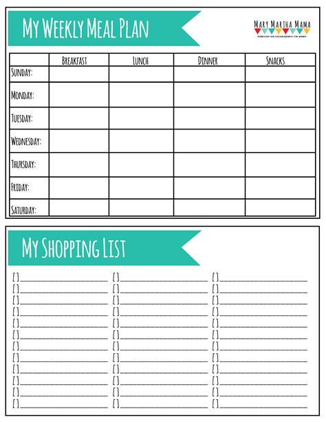 Meal Plan Worksheet Meal Planning Template Meals For The Week Week