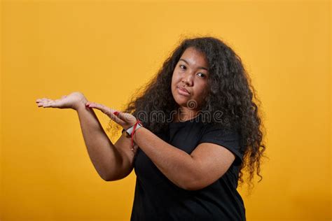 Disappointed Woman With Overweight Pointing Hands Aside Looking At Camera Stock Image Image