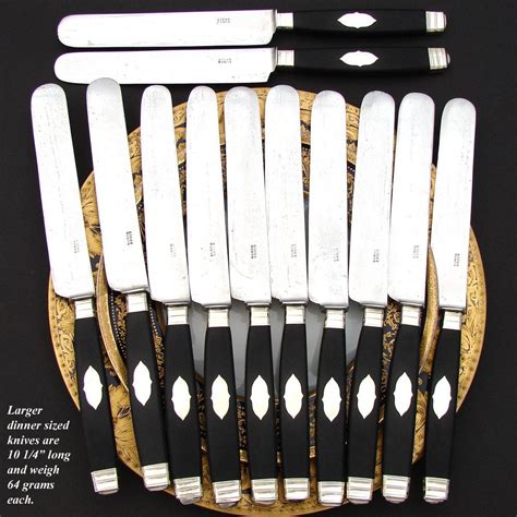 Superb Antique 24pc Table Knife Set 2pc For Twelve Ebony And Silver