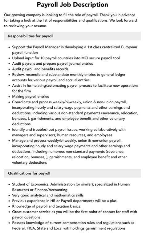Payroll Job Description Velvet Jobs