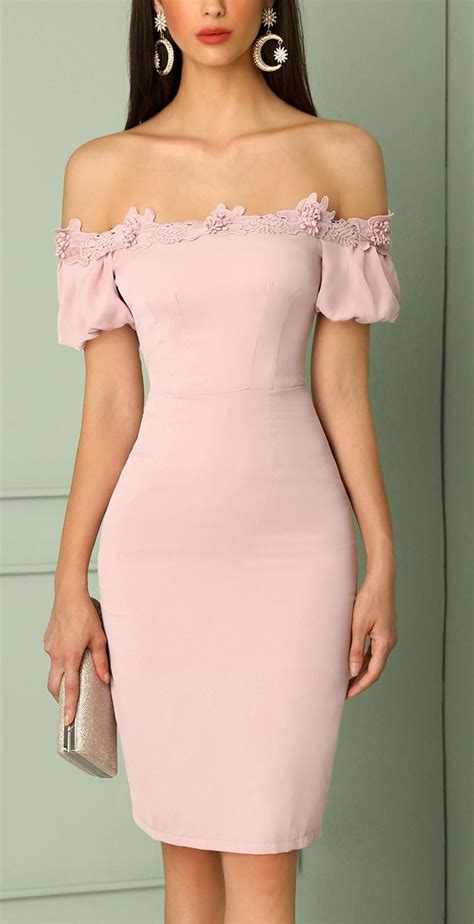 Off Shoulder Lace Applique Bodycon Dress In Pink Sponsored Bodycon