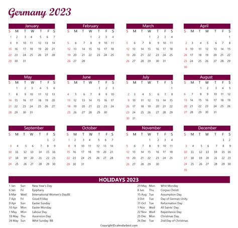 Germany Calendar 2023 With Holidays Free Printable In Pdf