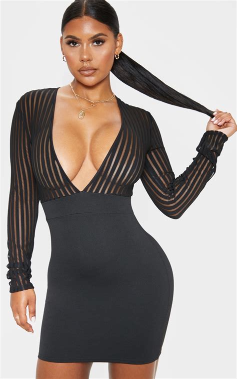 Robe Moulante Décolletée Noire à Mesh Rayé Prettylittlething Fr