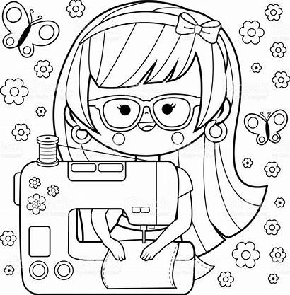 Sewing Machine Coloring Seamstress Pages Vector Woman