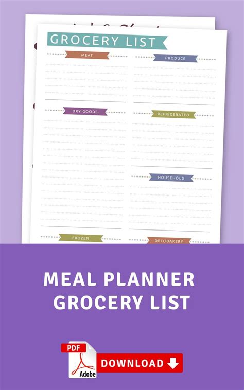 The Meal Planner Grocery List Is Shown On Top Of A Purple Background