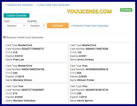 Vccgenerator generates 100% valid credit card numbers for all major brands with required details such as name, address, expiry, money, pin, and cvv code. Credit Card Generator With Name - Business Card