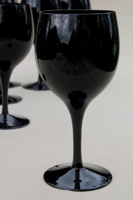 Black Glass Water Glasses Or Wine Goblets Vintage Stemware Set For 8