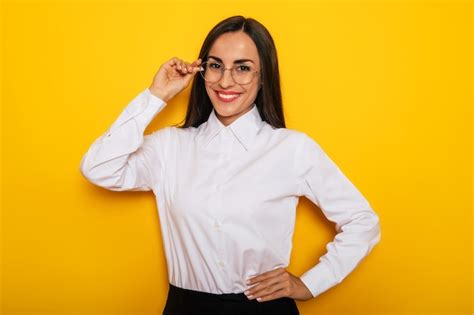 Premium Photo Modern Happy Successful Confident Business Woman In A White Shirt Eyeglasses Is