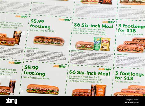 Subway sandwich coupons (fast food coupon) - USA Stock Photo - Alamy
