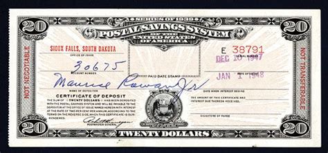 Series Of 1939 Postal Savings System 20 Issued Certificate Of Deposit