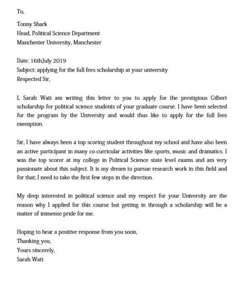 I have graduated from abcd college of science and looking forward to a doctorate in my field of work. Scholarship Application Letter and What to Write Inside It ...