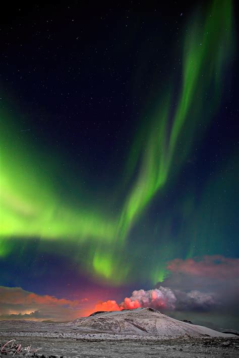 Northern Lights Behind Icelands Erupting Geldingadalur Volcano